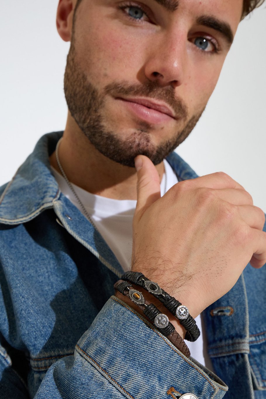 Herrenarmband mit Steinen geflochten - Silber/Schwarz Bild4